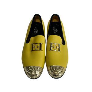 XQWFH Mens Leather Spiked Gold Buckle Penny Slip-On Lux Loafers Dress Shoes 9.5